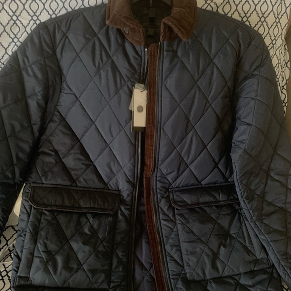 NWT Magaschoni Unisex Navy Chocolate Quilted Jacket with Brown Collar - Picture 6 of 8